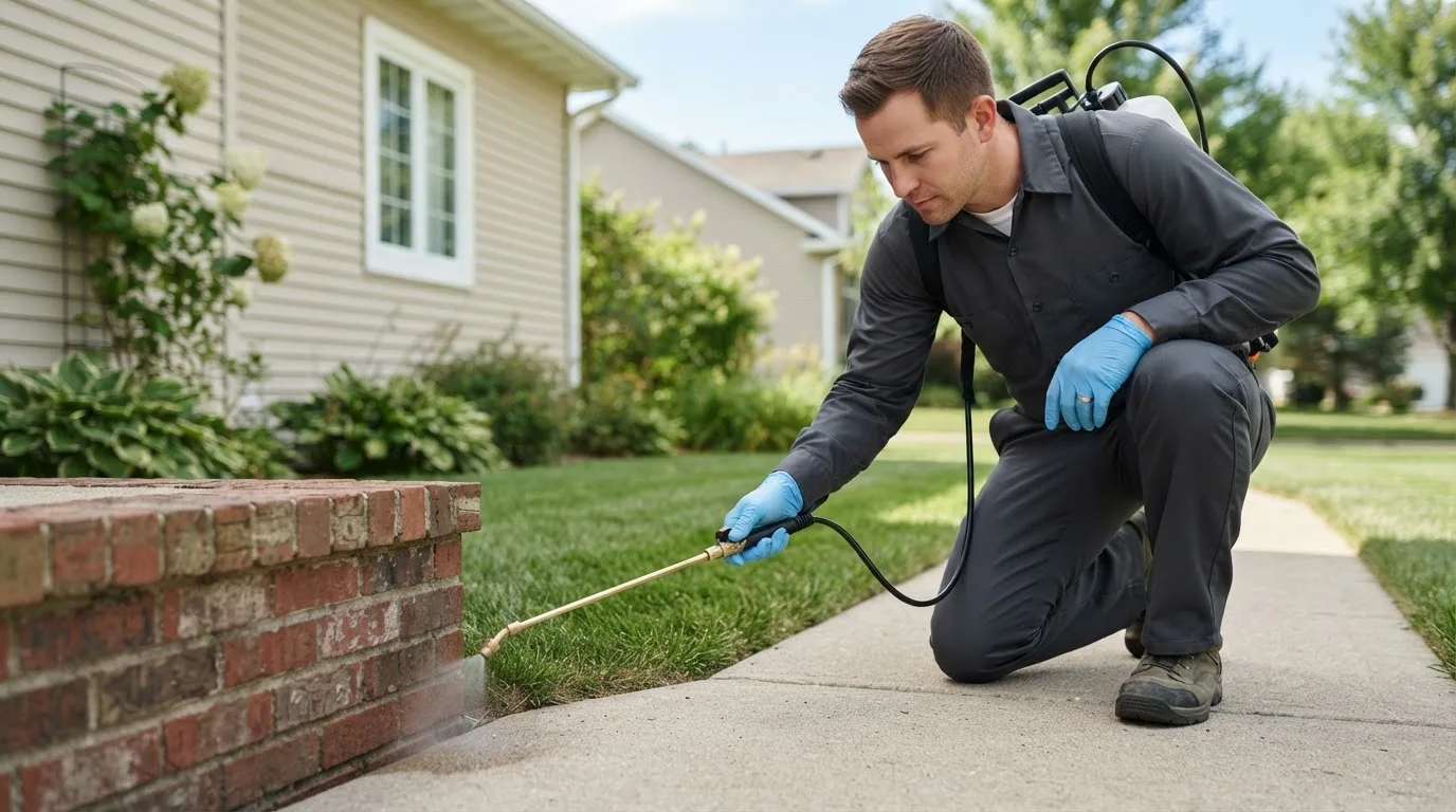 Pest control technician treating a home near Hoxie, KS